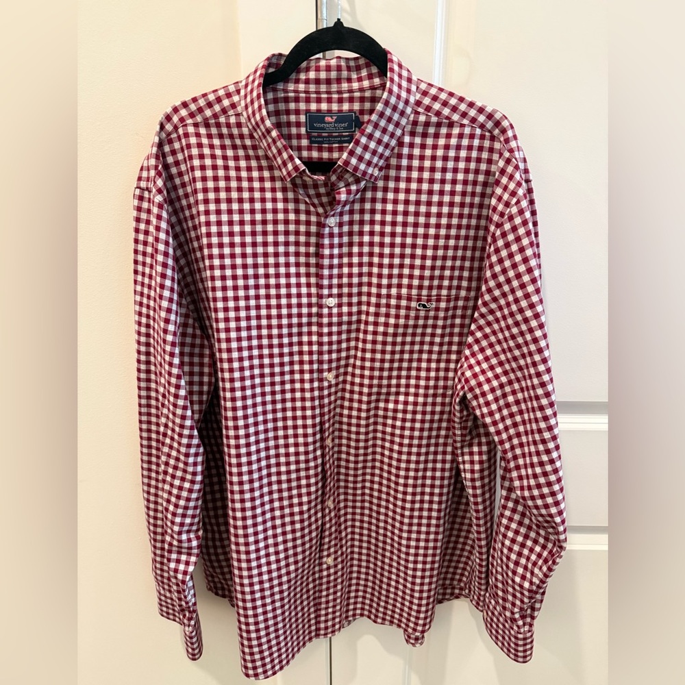 Men's Vineyard Vines Burgundy Red Checkered Button Up Shirt Long Sleeve Size XXL